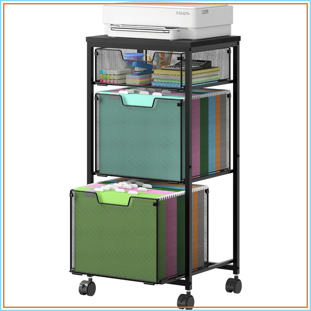 File Folder Hanging - ホームオフィス用3段引き出しモバイルファイルキャビネット、ロック可能なホイール付きローリングファイリングキャビネット、吊り下げファイルフォルダーオーガナイザー、ユーティリティカート収納、プリンタースタンド