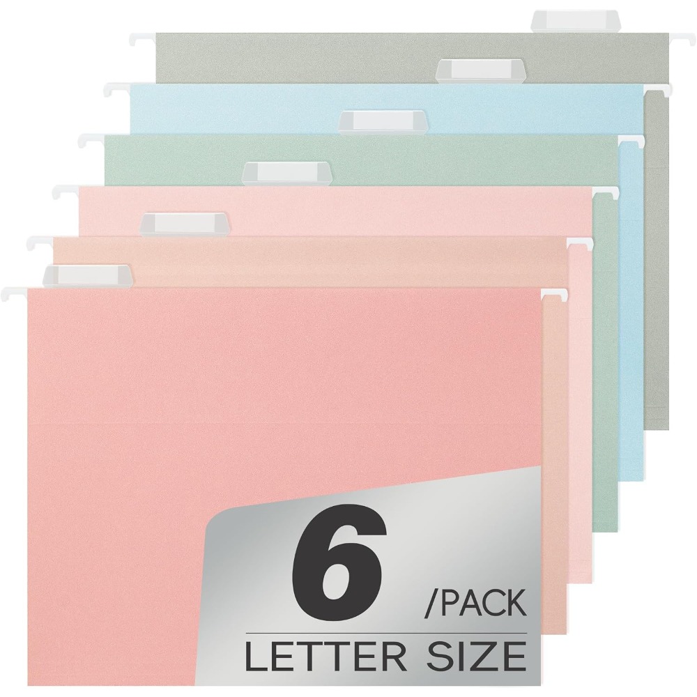 File Folder Hanging - ヘビーデューティー1インチ拡張ハンギングファイルフォルダ、レターサイズ、6パック、パステルカラー、1/5カットタブ付き、家庭やオフィスの文書や紙類の整理に最適、大量ファイル整理用
