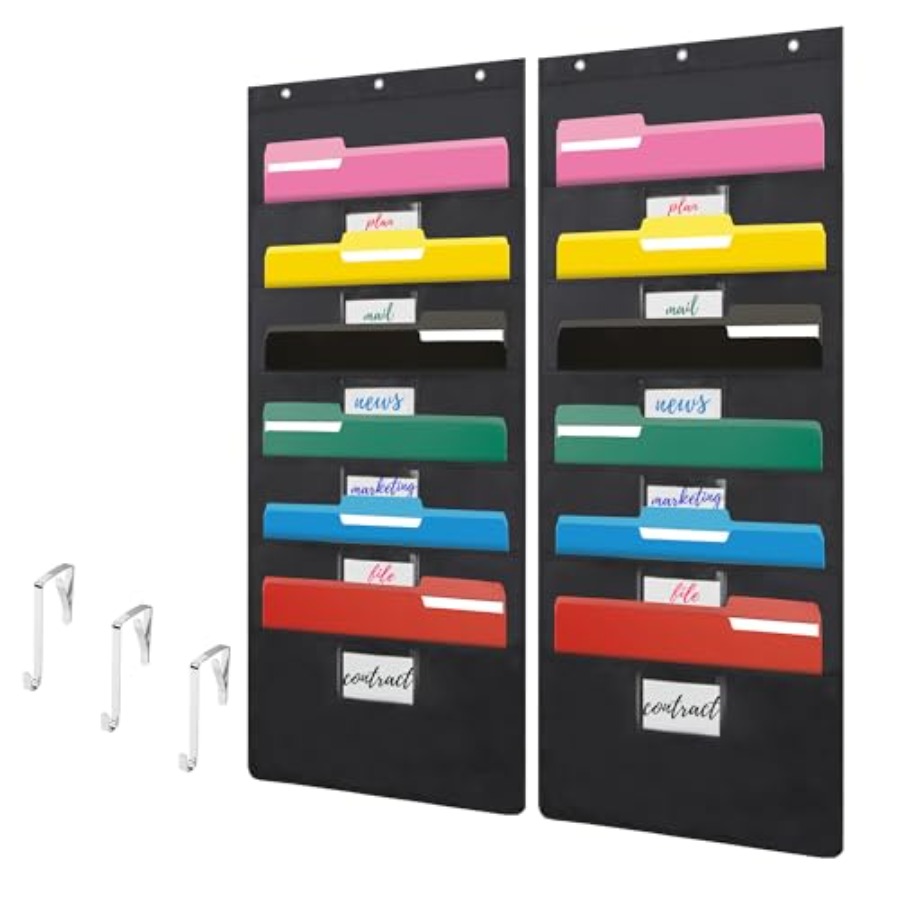 File Folder Hanging - 黒色の壁掛けファイルオーガナイザー（6ポケット付き）、2パックの壁掛けファイルフォルダーオーガナイザー、ドア掛け収納ポケットチャーム