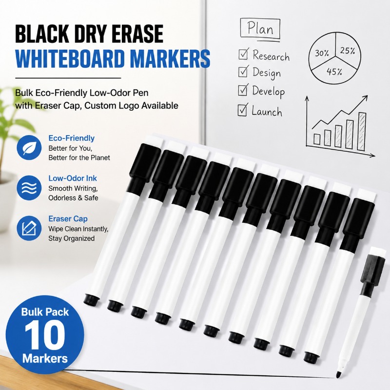 Whiteboard Marker Set - 黒色消せるホワイトボードマーカー、エコ水性ペン、磁気デザイン、内蔵ブラシ付き、滑らかな書き味、オフィス用