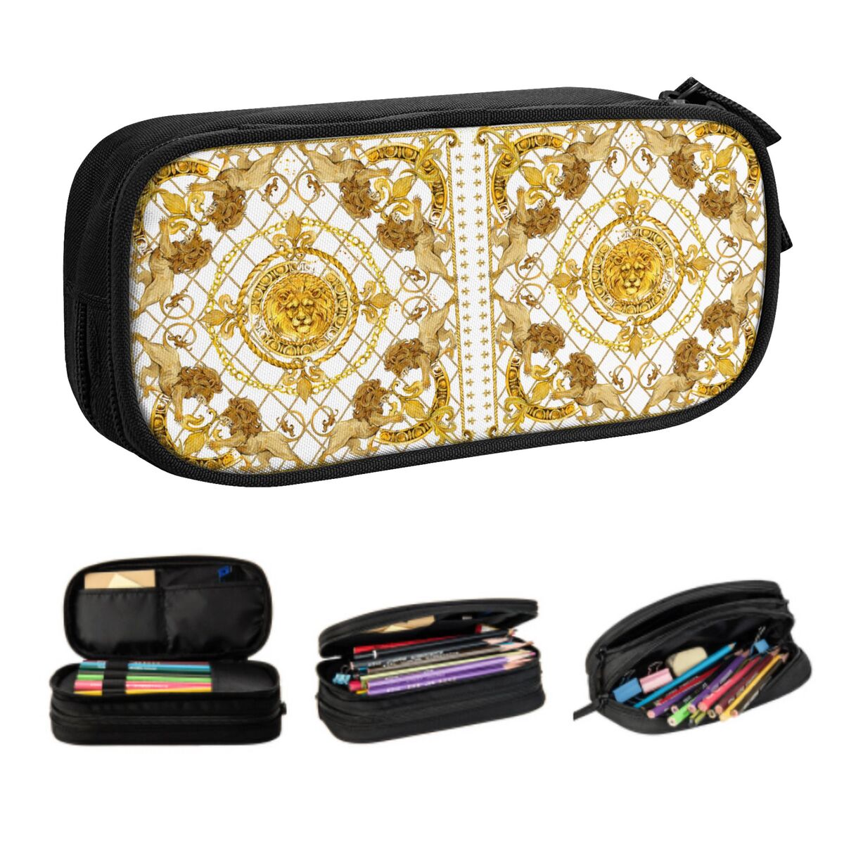 カスタム高級ゴールデンライオンヨーロッパ花かわいい鉛筆ケース - Lion Stationery & Office Supply(Kunshan)Co.Ltd のレビューと価格